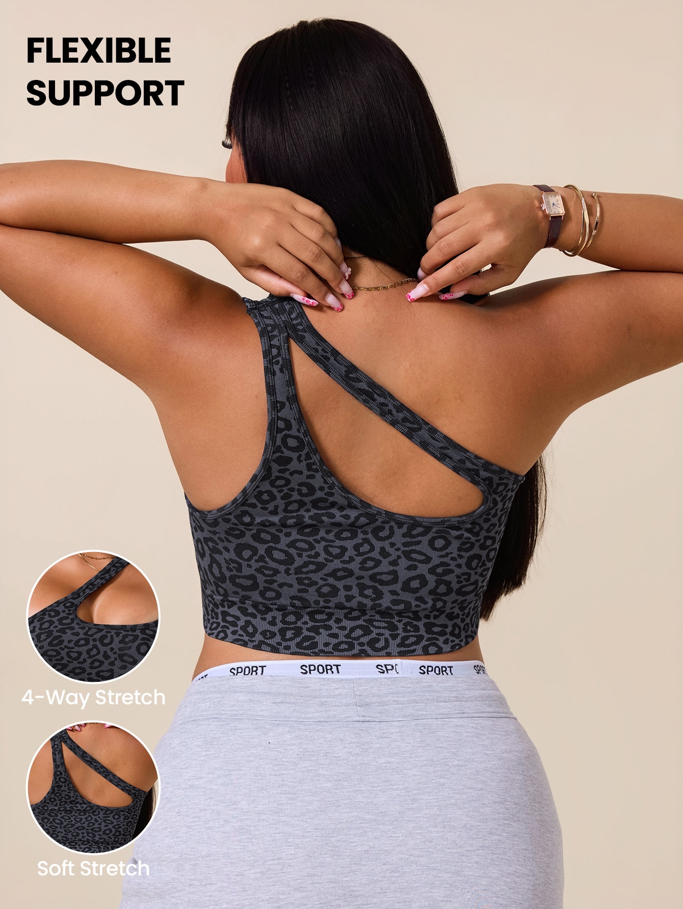 Asymmetric Top Women - 女性用プラスサイズ非対称スポーツブラ レオパード柄カットアウトヨガトップ リブ編みジムアクティブウェア