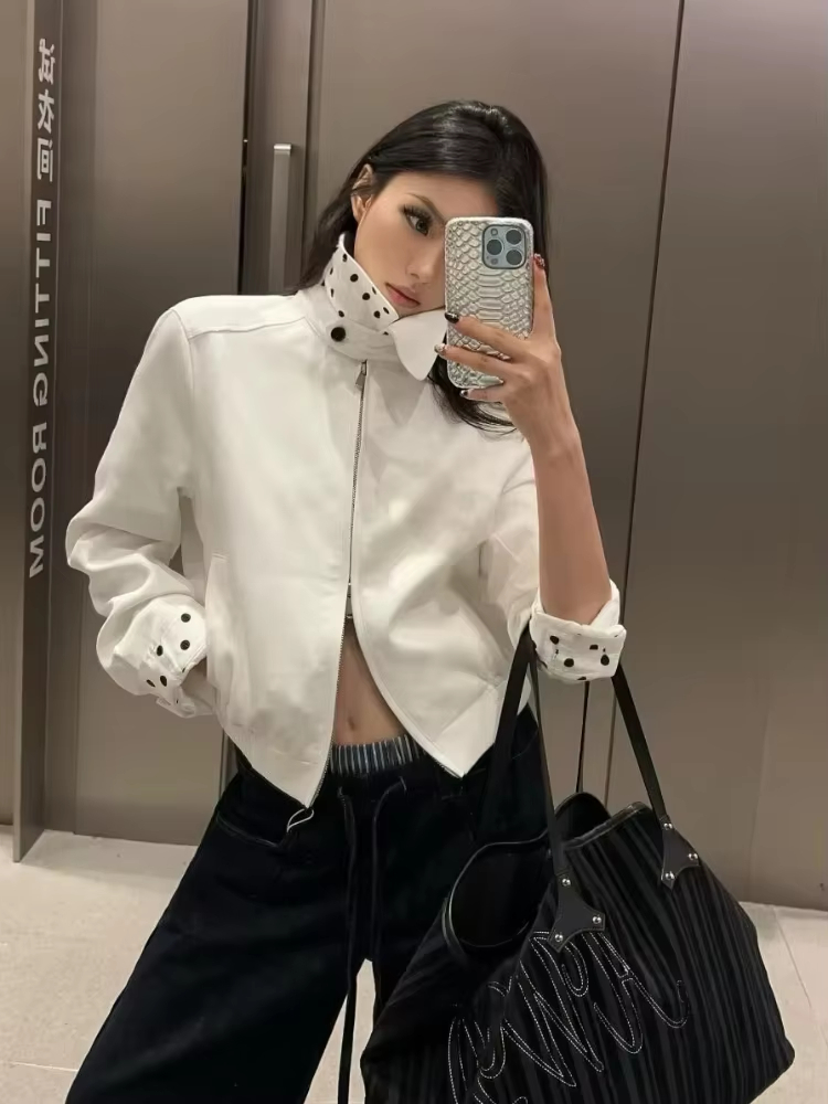 Women'S Fashion Quarter Zip - ウィスパールミ ポルカドット スタンドカラー ジップアップ クロップドジャケット ヴィンテージ