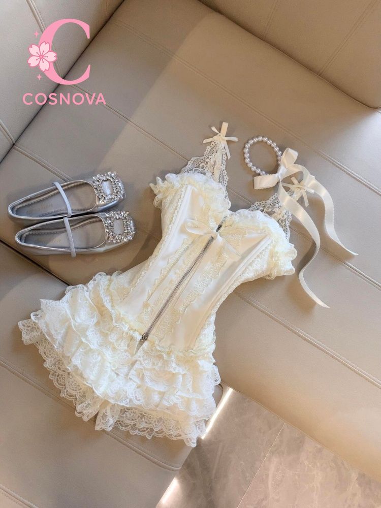 V Neck Cami Top - キュートな欲望レースビスチェトップハイウエストミニケーキスカートセットセクシーコルセットキャミ冬服フリルチュールツーピースロリータスタイル