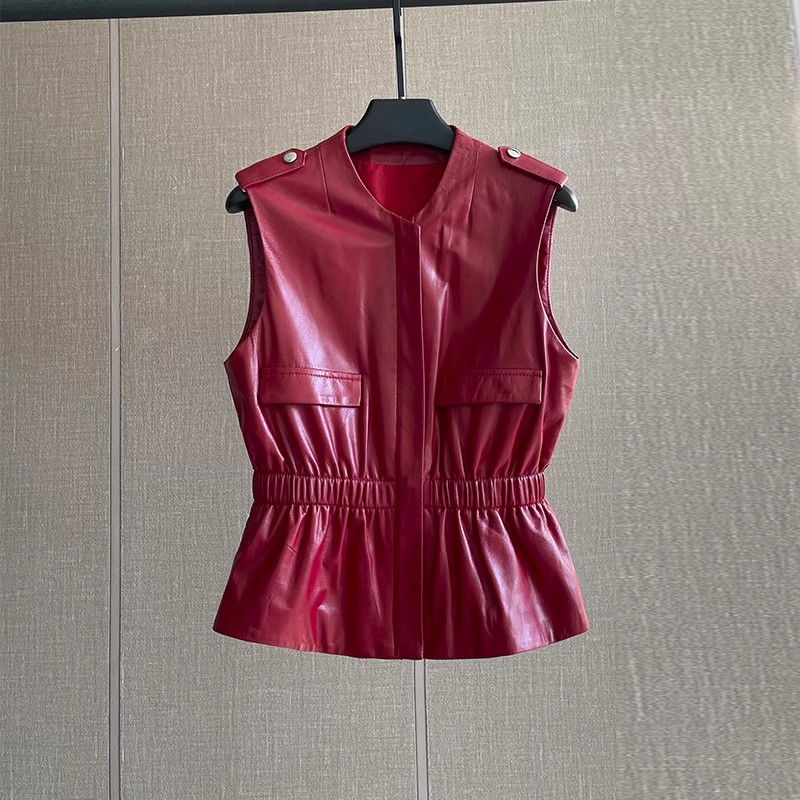 Women'S Fashion Leather Jacket - レディース スリムウエスト レッド 本革ベスト ノースリーブ カジュアルジャケット