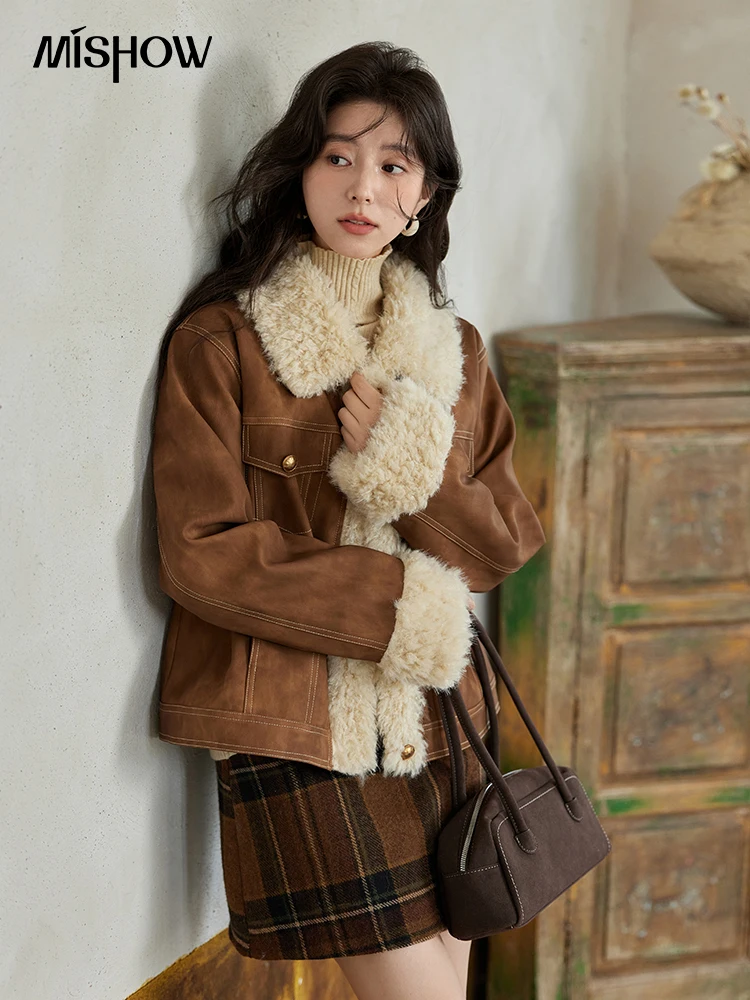Women'S Fashion Leather Jacket - MISHOW-レディースレザージャケット,ソフトコットンクリップコート,厚手のスプライスジャケット,ラムウール,ファッショナブル,冬,mxd56w0538,2022