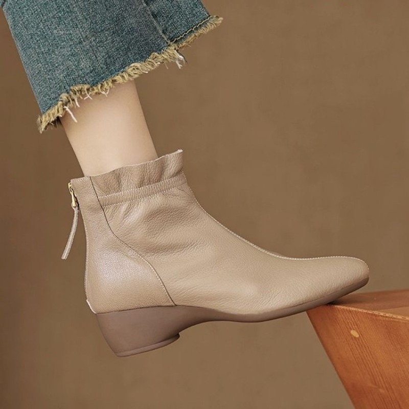 Women'S Fashion Rain Boots - 冬の女性用ミッドカーフレザーブーツ、フリル付きポインテッドトゥ、チャンキーヒール、レディースショートブーツ、ファッショナブルな大きいサイズ、防水スノーブーツ