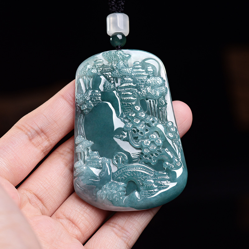 Women Fashion Necklace - 天然ビルマ翡翠風景ペンダントネックレスヴィンテージファッションお守り彫刻お守り本物の翡翠高級ギフト女性のための