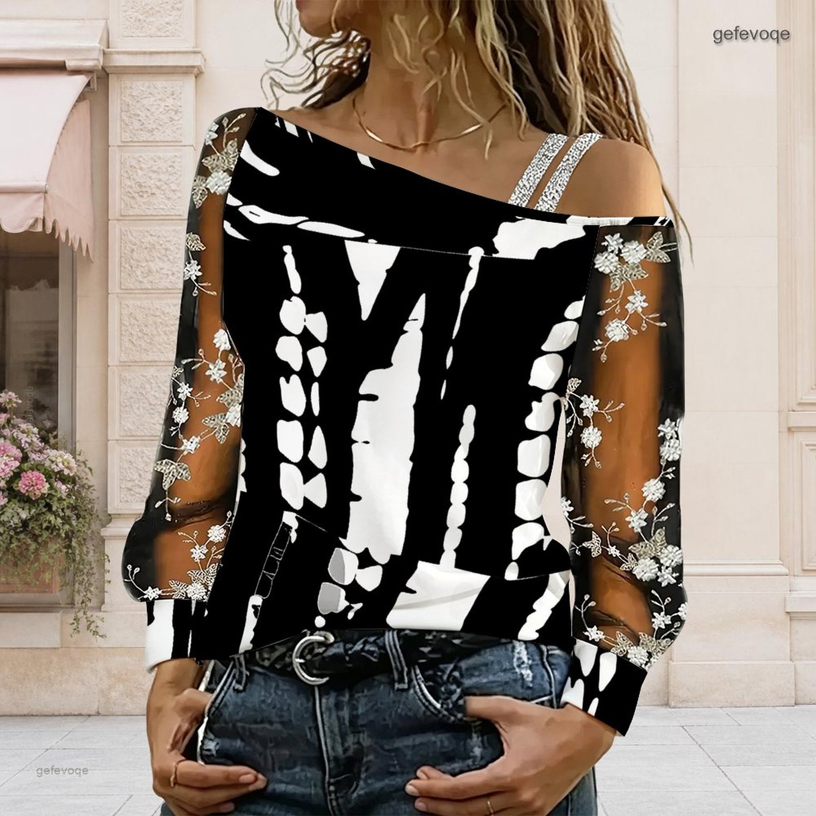 Asymmetric Top Women - 女性用オフショルダーブラウス、アシンメトリーなワンショルダートップ、レース花柄メッシュ、長袖スリングディテール、ルーズカジュアルTシャツ