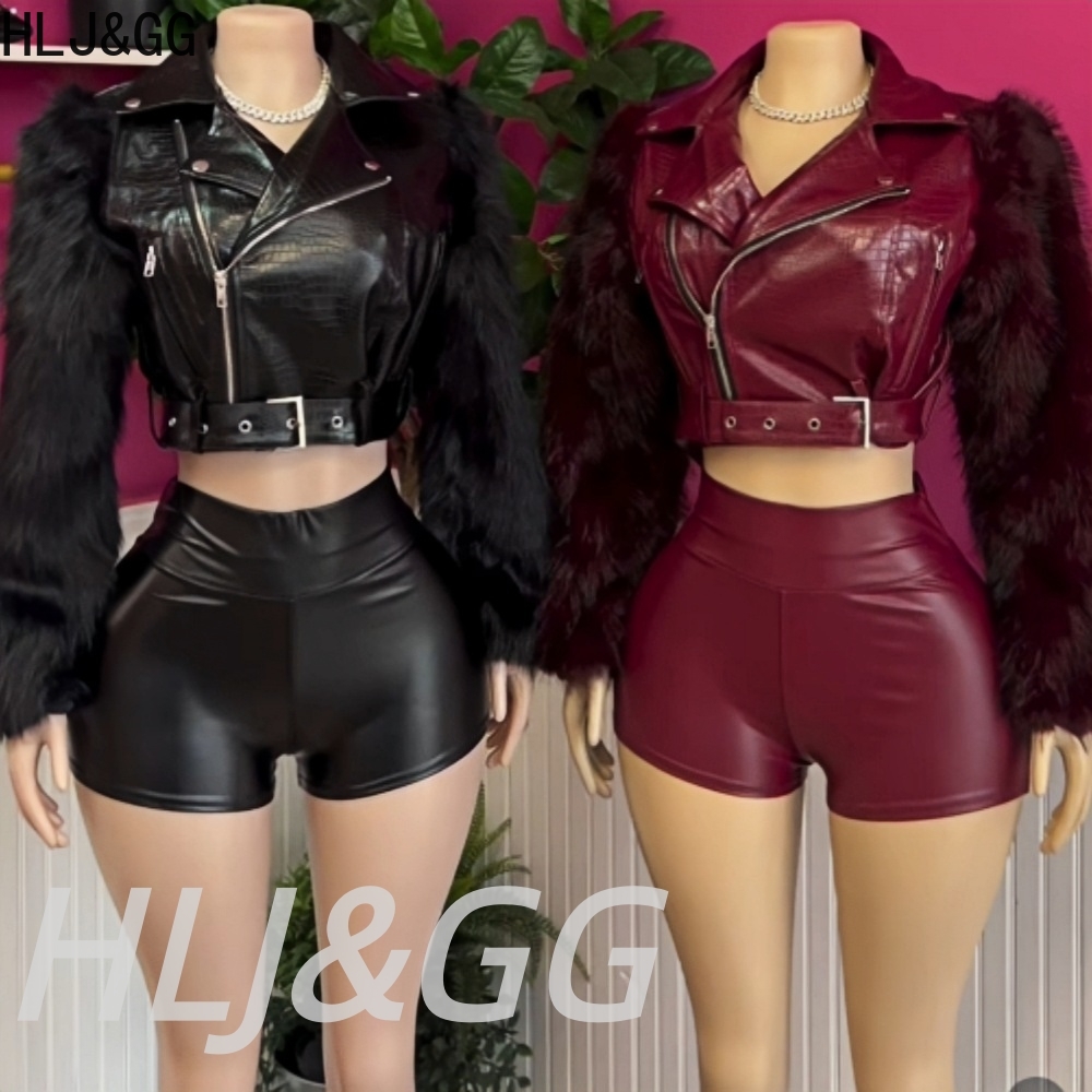 Women'S Fashion Leather Jacket - HLJ&GG トレンドファッション毛皮パッチワークレザージャケットツーピースセット女性長袖コートとショートパンツ衣装 Y2K 女性ストリートウェア