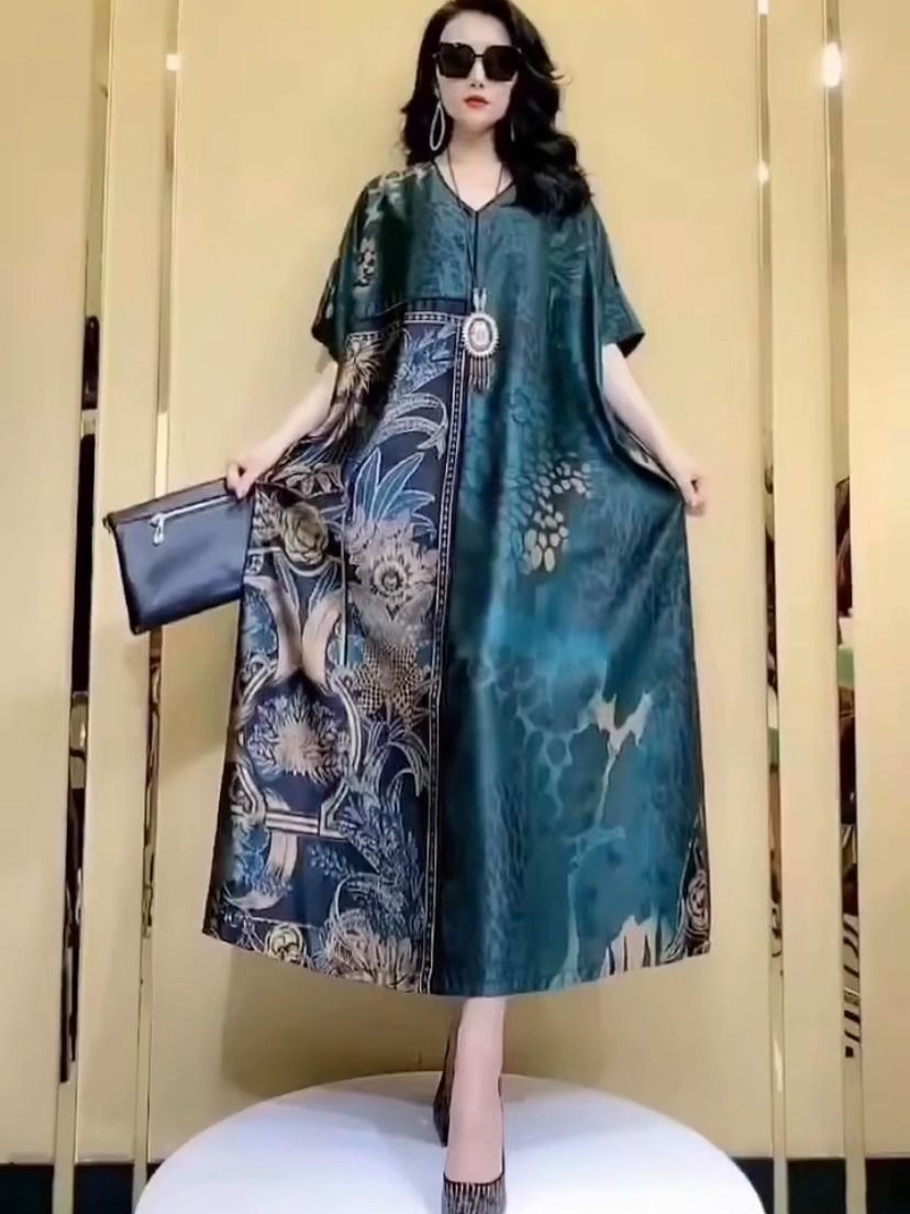 Women Fashion Dress Names - 気質高級大型夏用シルクマルベリーシルクドレスファッショナブルなVネックレディースビッグネームファンレトロドレスグリーン