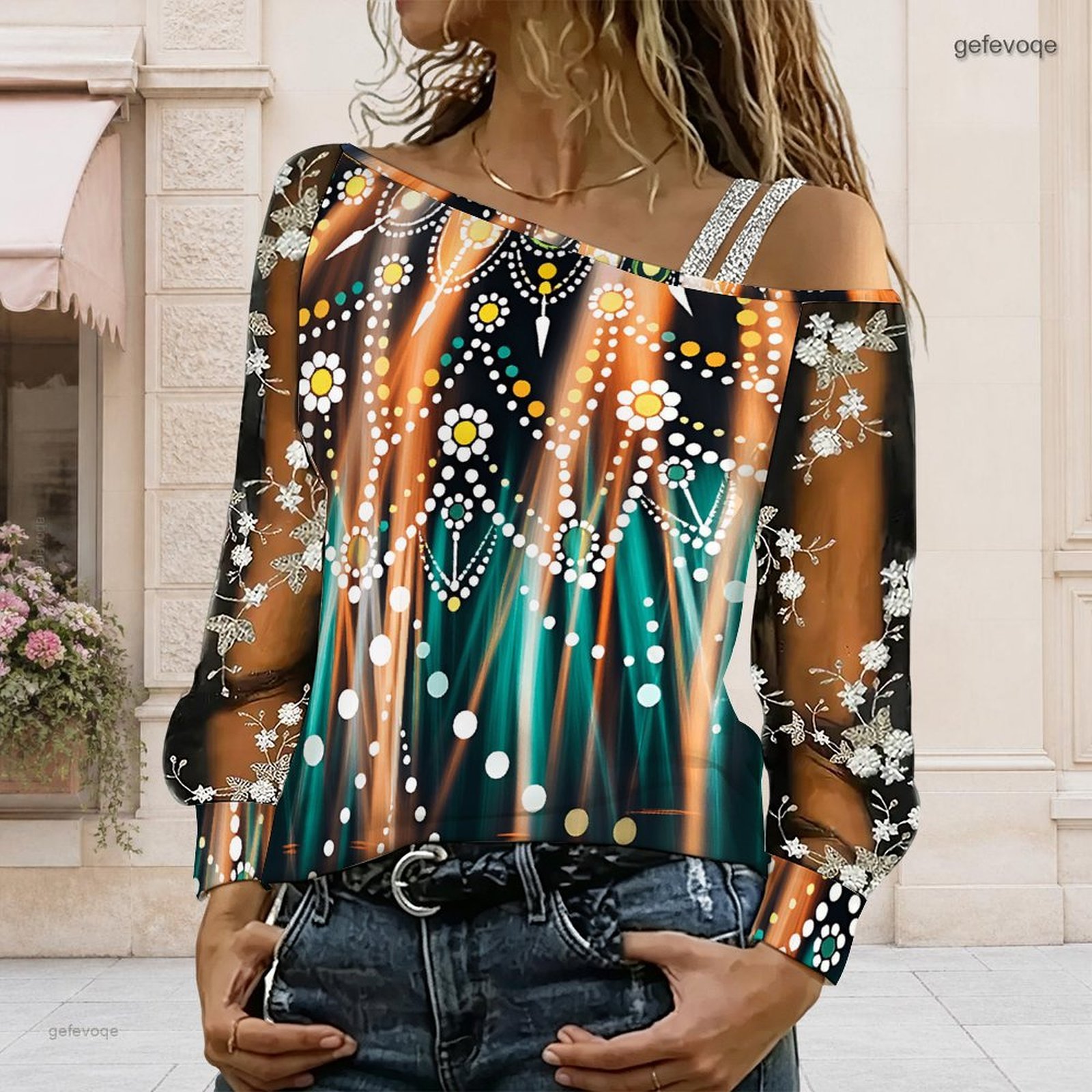 Asymmetric Top Women - 女性用オフショルダーブラウス、アシンメトリーなワンショルダートップ、レース花柄メッシュ、長袖スリングディテール、ルーズカジュアルTシャツ
