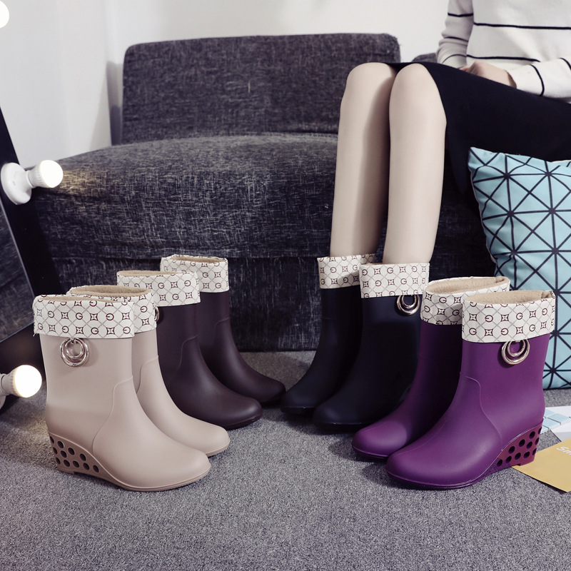 Women'S Fashion Rain Boots - 韓国スタイルウェッジミッドチューブレインシューズ女性秋冬ファッション暖かい滑り止めレインブーツ女性防水ブーツ