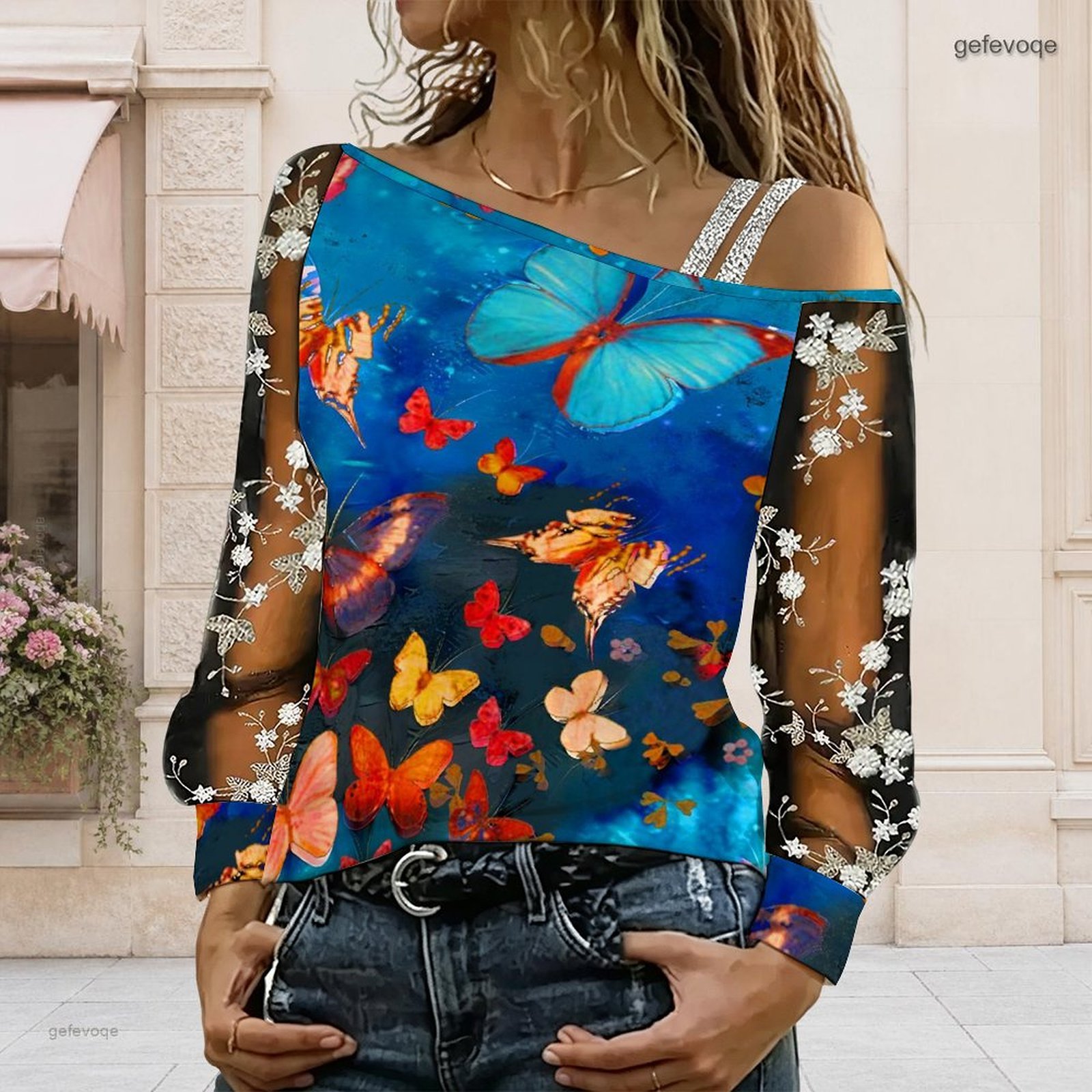 Asymmetric Top Women - 女性用オフショルダーブラウス、アシンメトリーなワンショルダートップ、レース花柄メッシュ、長袖スリングディテール、ルーズカジュアルTシャツ