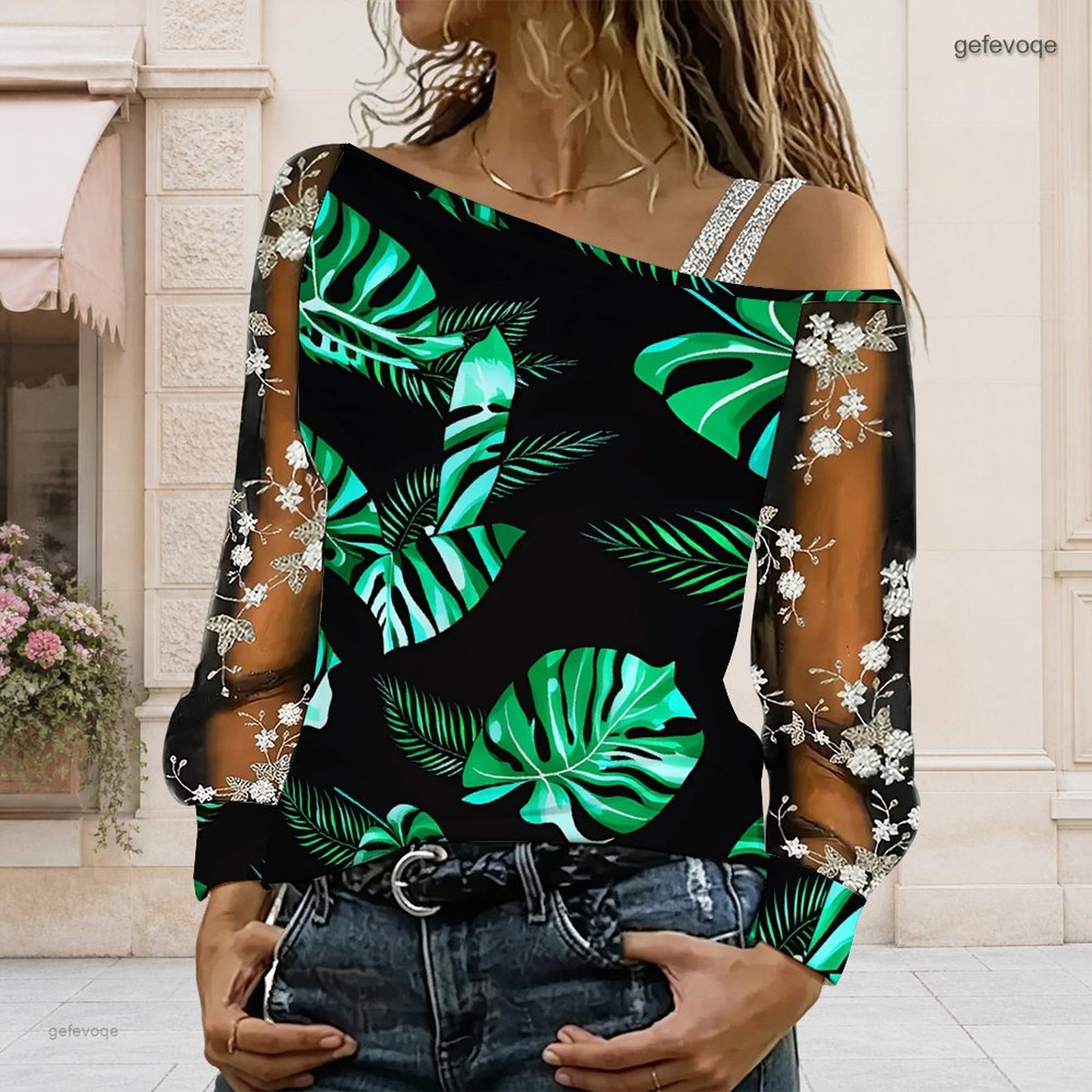 Asymmetric Top Women - 女性用オフショルダーブラウス、アシンメトリーなワンショルダートップ、レース花柄メッシュ、長袖スリングディテール、ルーズカジュアルTシャツ