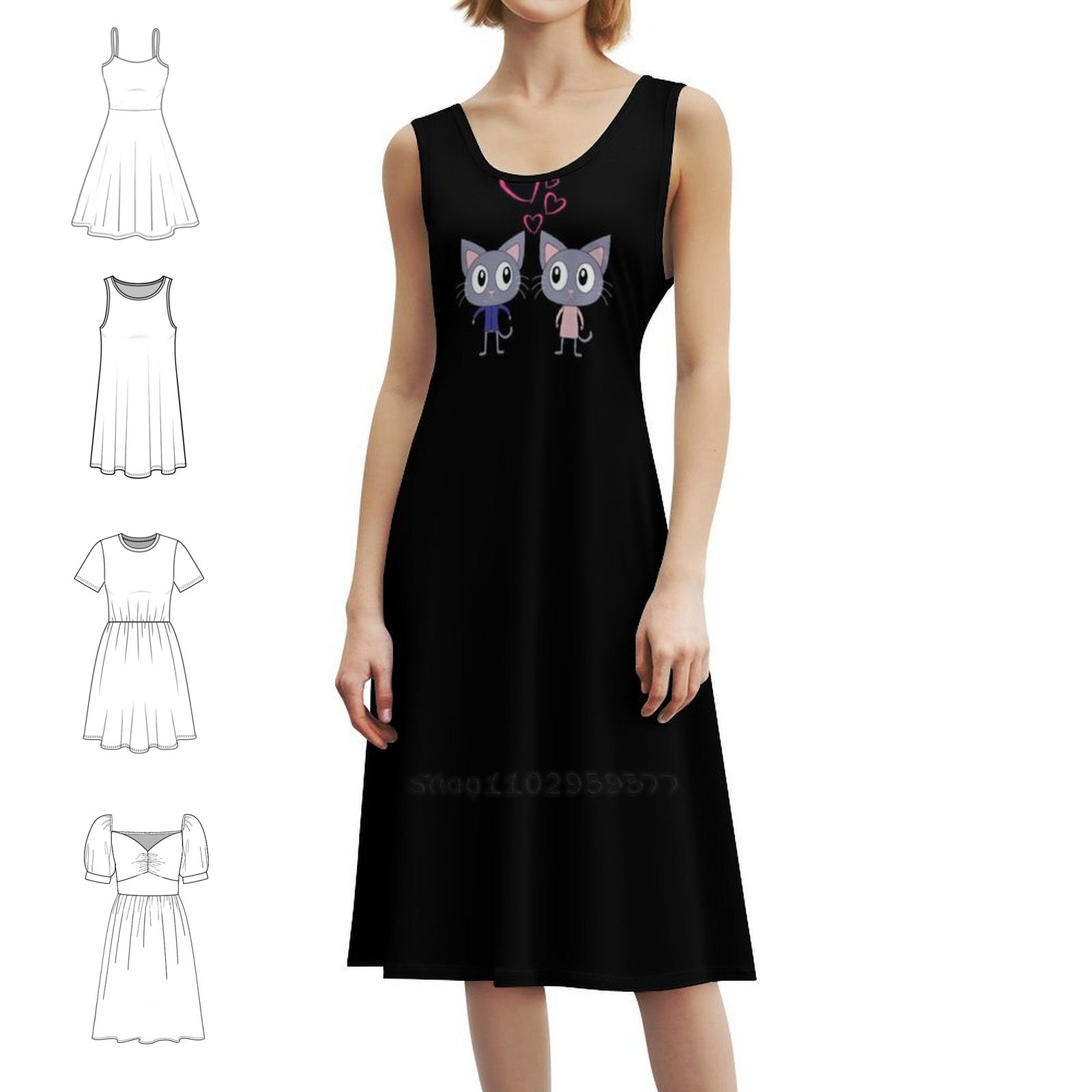 Smocked Dress Women - かわいい猫が恋をしている 花柄スモックドレス 女性用 春夏 カジュアルドレス パーティー