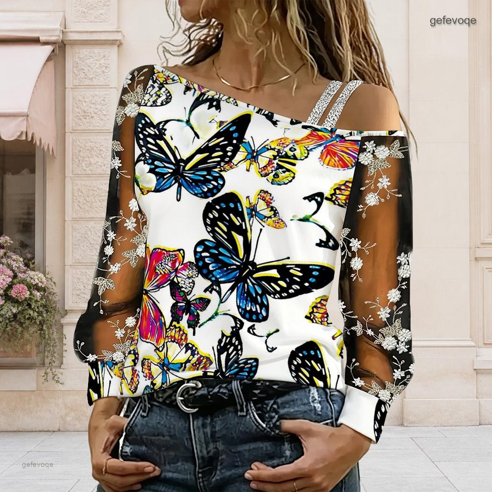 Asymmetric Top Women - 女性用オフショルダーブラウス、アシンメトリーなワンショルダートップ、レース花柄メッシュ、長袖スリングディテール、ルーズカジュアルTシャツ