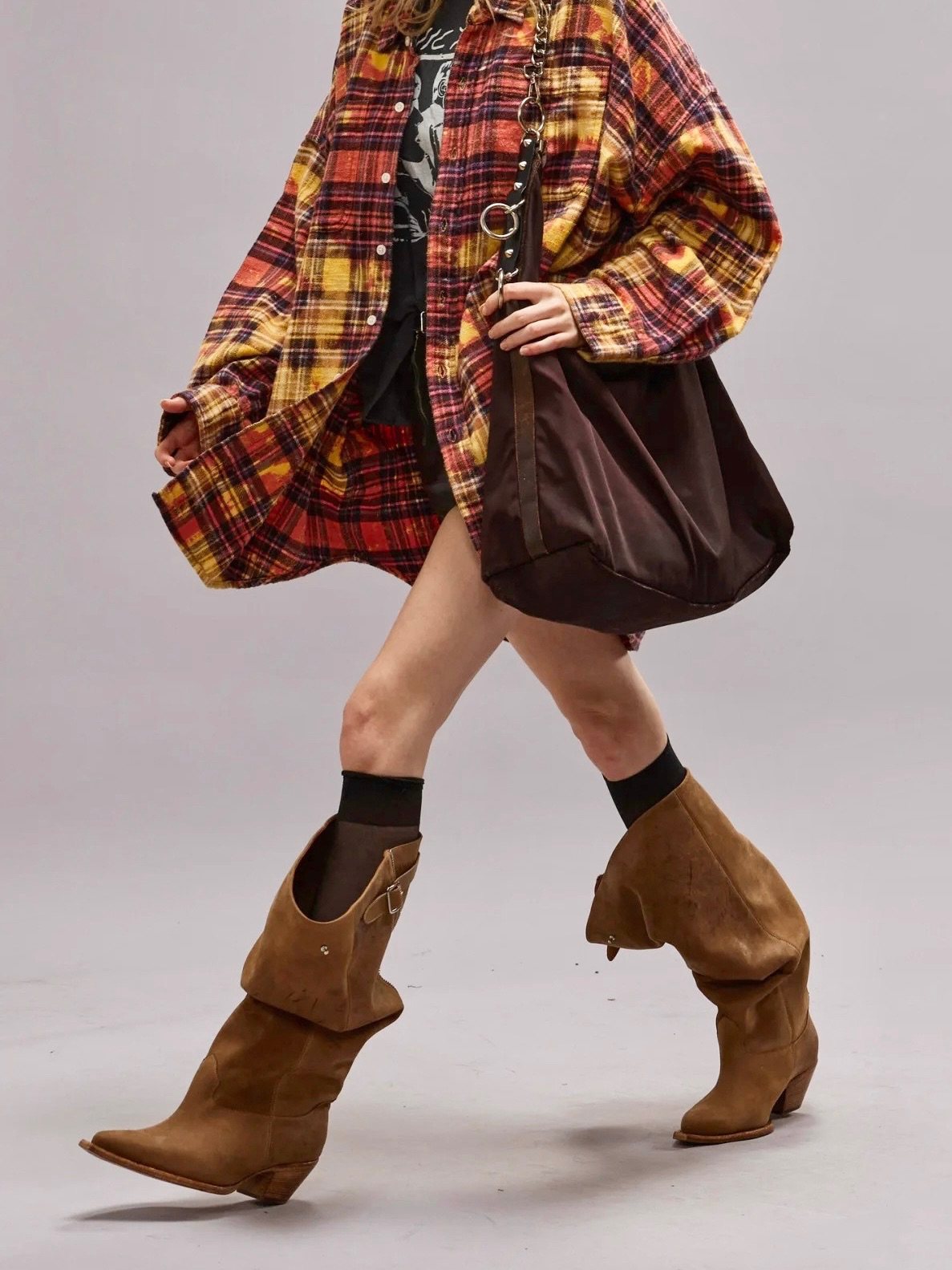 Women'S Fashion Edgy - レディース スラウチーウエスタンブーツ シルバーチェーンディテール ローヒール エッジィーレトロスタイル ストリートウェアルックやファッショナブルな外出に