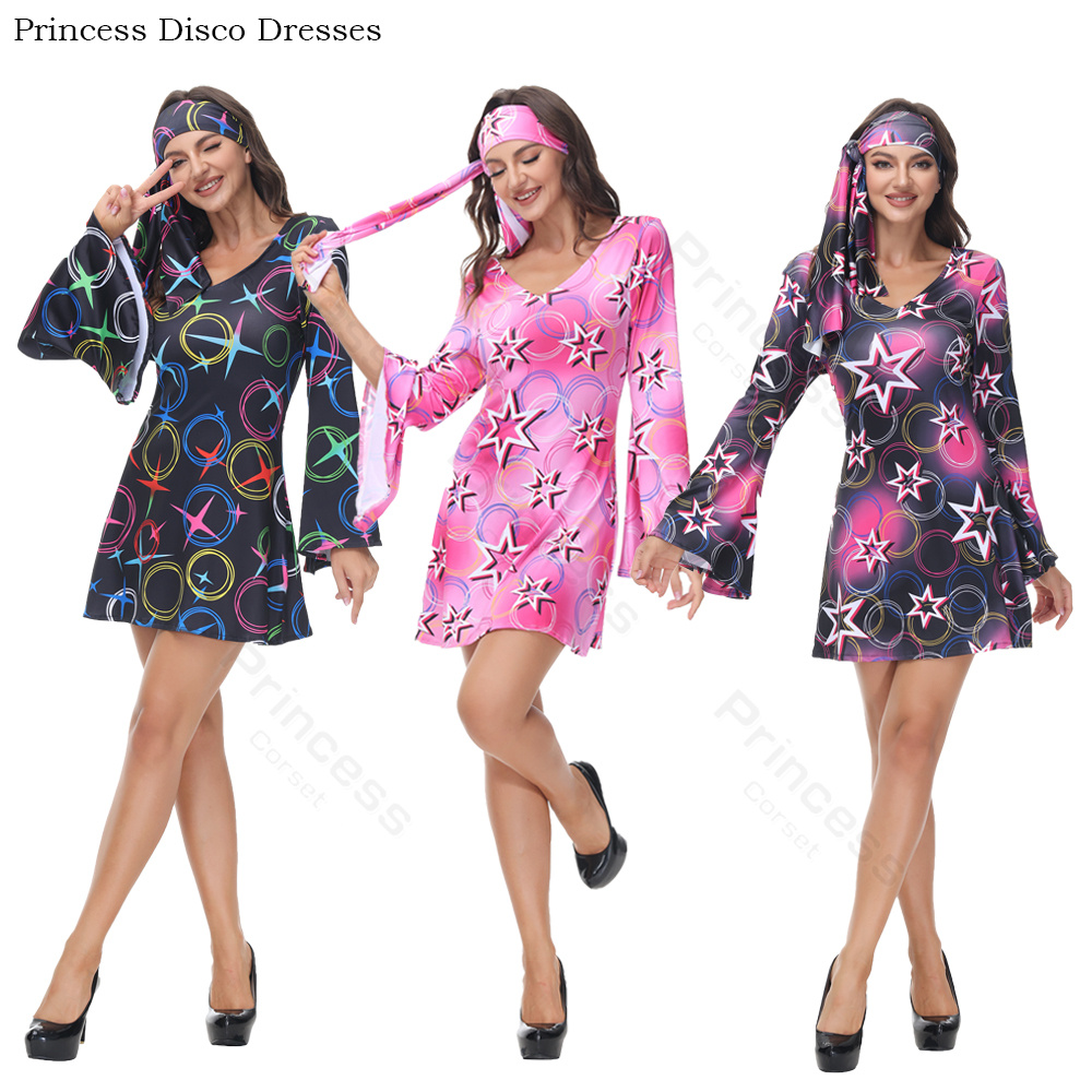 Women'S Fashion From The 70S - 女性のためのディスコドレス、ハロウィーンの衣装、ヘッドバンド付きヒッピードレス、セクシーな衣装、70s