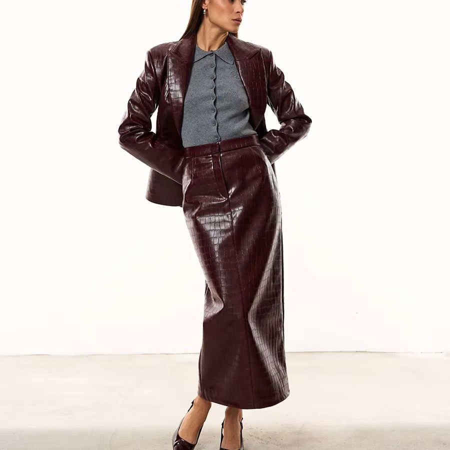 Women'S Fashion Leather Jacket - IG レディース バーガンディ クロコダイル柄 フェイクレザー 2ピース