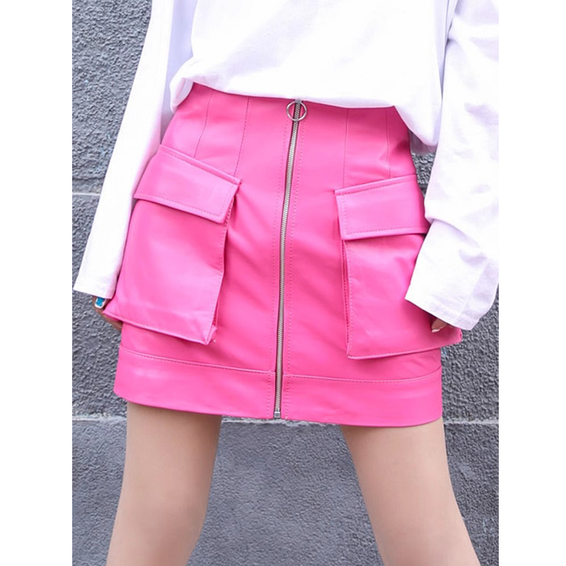 Women'S Real Y2K Fashion - 女性用ピンク本革シープスキンショートスカート、aラインジッパー、大きなポケット、ハイウエスト、ラムスキン、女性用ファッション、y2k、M-3XL