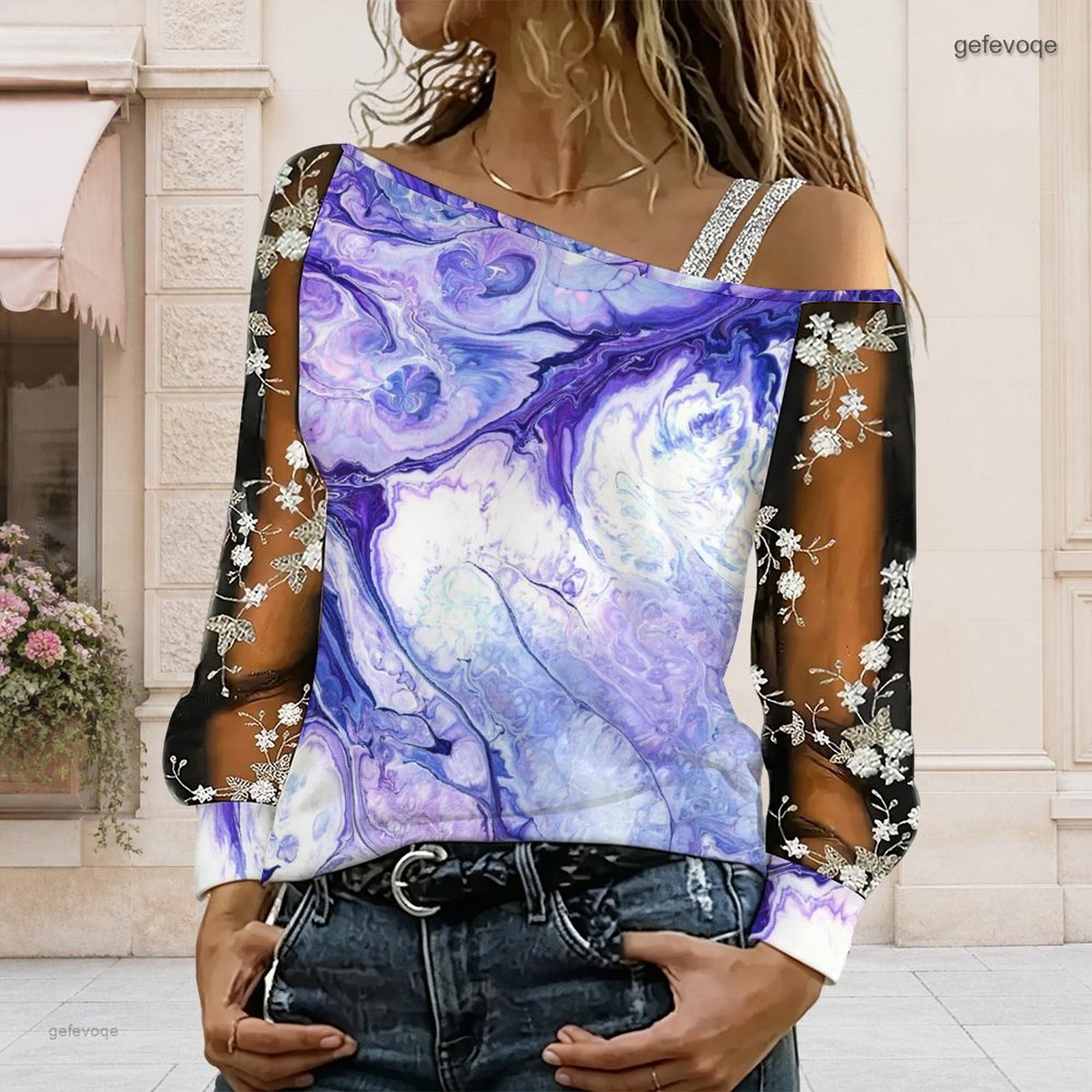 Asymmetric Top Women - 女性用オフショルダーブラウス、アシンメトリーなワンショルダートップ、レース花柄メッシュ、長袖スリングディテール、ルーズカジュアルTシャツ