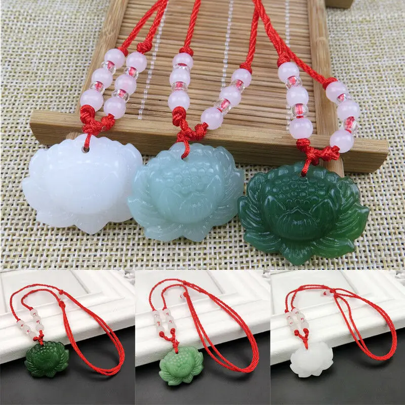Women Fashion Necklace - 天然の緑色の翡翠で作られた蓮の花のペンダントビーズネックレス。お守りとしても使える、女性向けの幸運を呼ぶアクセサリー。手彫り。ギフトにも最適。
