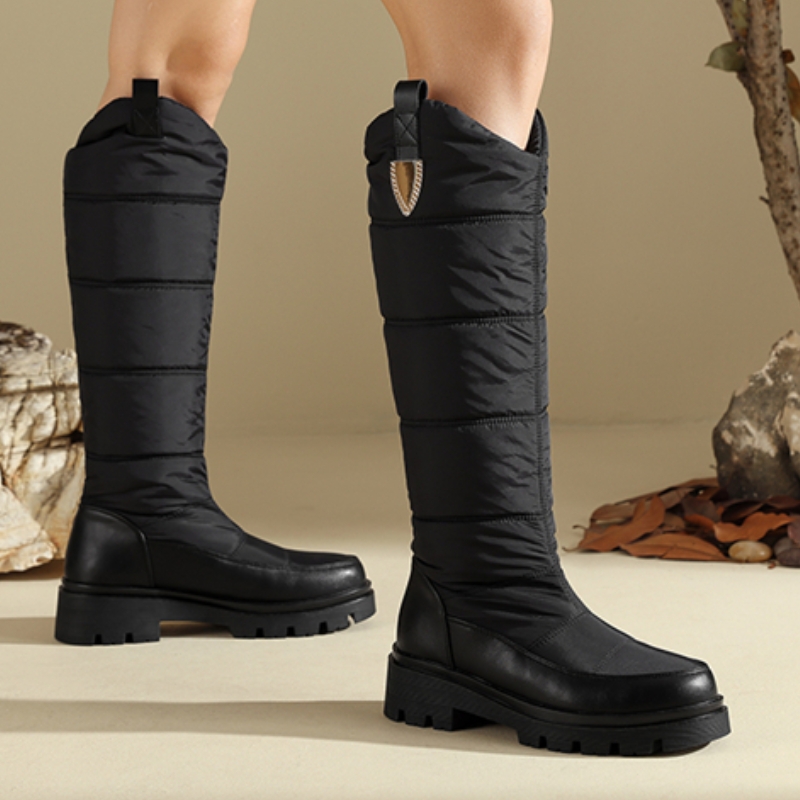 Women'S Fashion Rain Boots - 女性の冬用ニーハイ・スノーブーツ、黒と白の暖かいファー・プラッシュ・ハイブーツ、カジュアル・ローヒール・ファッション・ロング・レインシューズ、防水
