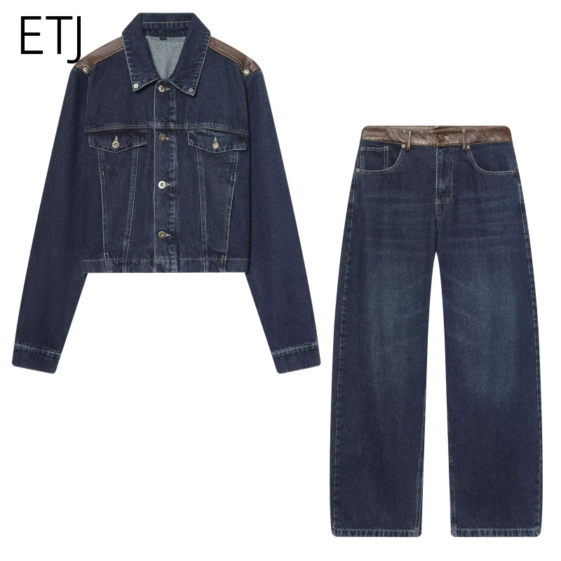 Women'S Fashion Leather Jacket - ETJ レディースデニムジャケット＆ジーンズセット クロップドレザーパッチ オーバーサイズワイドレッグパンツ セットアップ 2026
