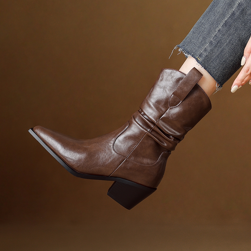 Women'S Fashion Underwear - 女性の新しい秋冬レザー牛革ポインテッドトゥとカーフハイヒールレトロバイクショートブーツウエスタンファッションブーツ