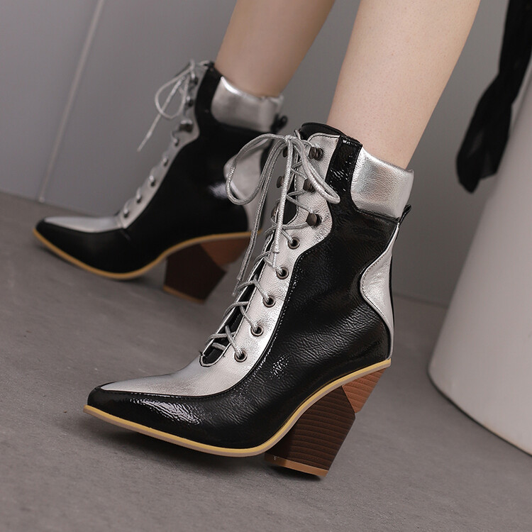 Women'S Fashion Edgy - レディース カラーブロッキング ツートーン レザー アンクルブーツ レースアップディテール