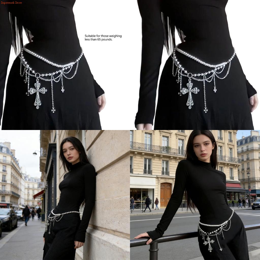 Women'S Fashion Edgy - E06E エッジの効いたクロスデザインパールチェーンウエストチェーンパンクロックコンサートやカジュアルストリートウェア用