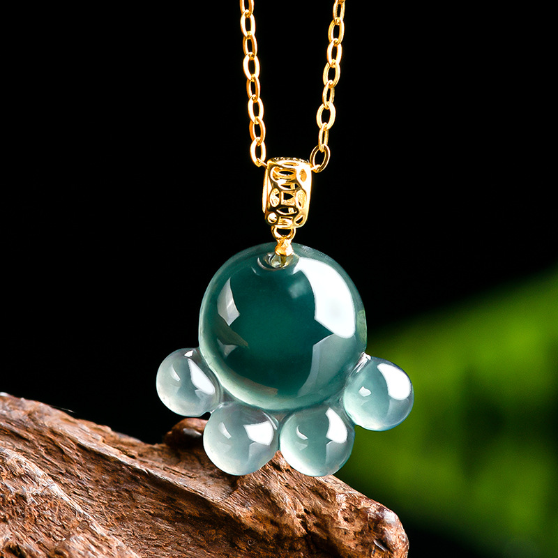 Women Fashion Necklace - 天然本物のエメラルドブルーウォータージェイド猫の足ペンダントネックレス彫刻翡翠ジュエリーファッションお守りギフト証明書女性