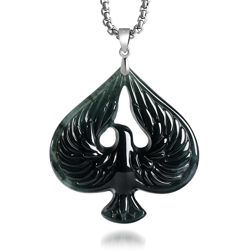 Women Fashion Necklace - S925シルバー天然翡翠ブラックチキンカラースペードペンダントネックレス本物の彫刻チャームジェダイトジュエリーファッションお守りギフト女性用
