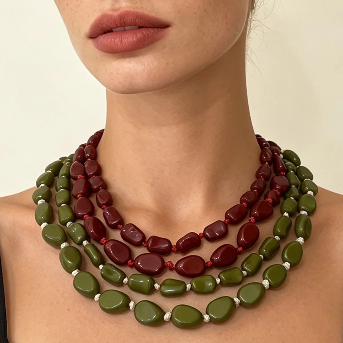 多層不規則オーバルビーズネックレス ワインレッド オリーブグ - Women'S Fashion Ww2 のレビューと価格