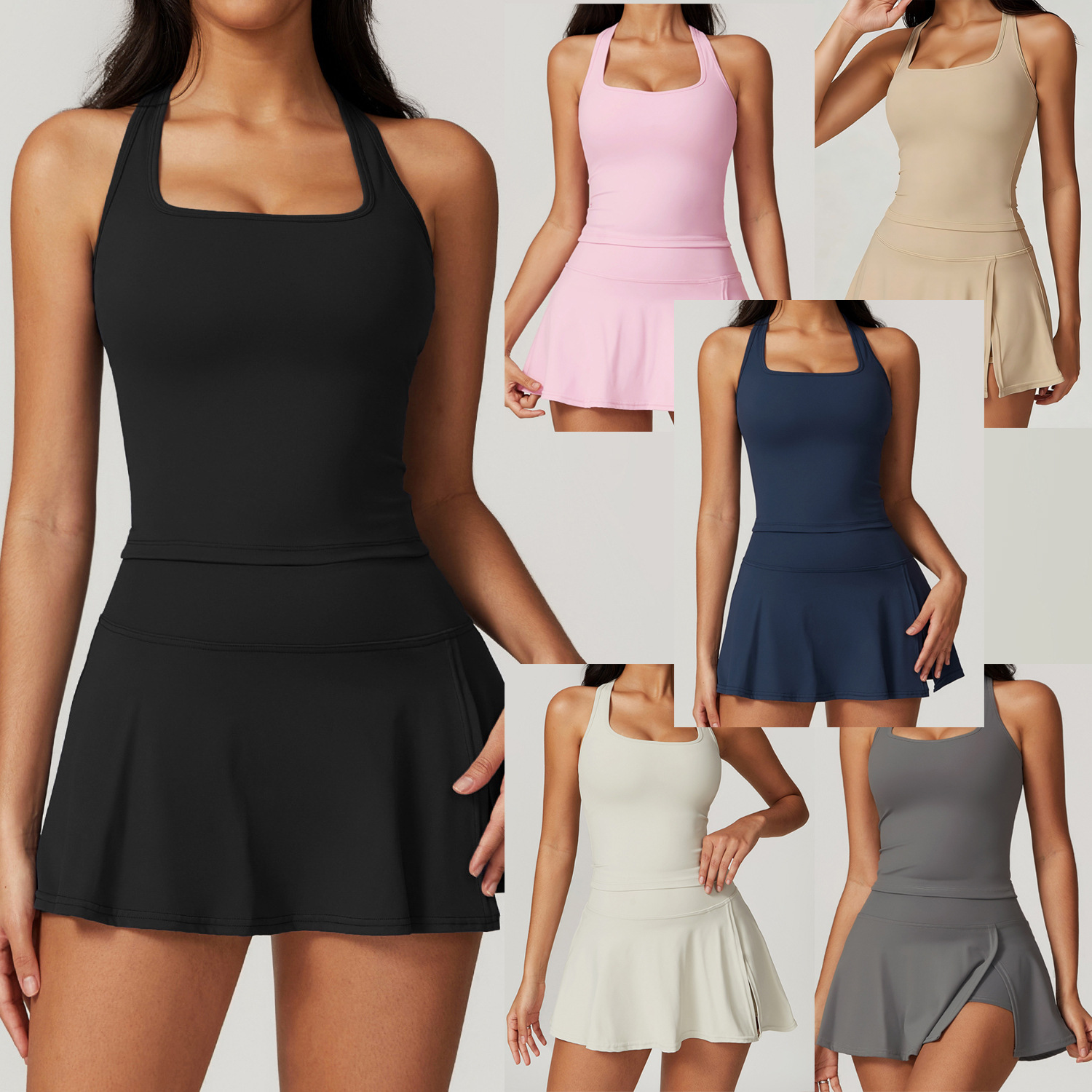 女性用2ピーステニスドレス サイドスリットミニスカートセット - V Neck Cami Top のレビューと価格