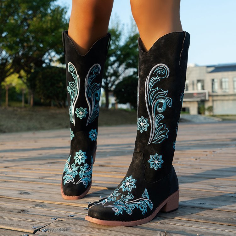 レトロな女性のブーツファッション女性騎士ブーツ刺繍ロングチュ - Women'S Fashion Rain Boots のレビューと価格