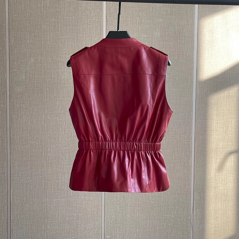 レディース スリムウエスト レッド 本革ベスト ノースリーブ - Women'S Fashion Leather Jacket のレビューと価格