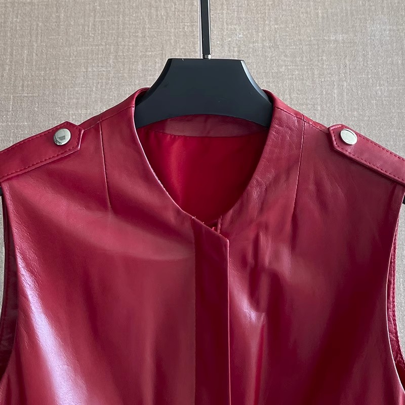 レディース スリムウエスト レッド 本革ベスト ノースリーブ - Women'S Fashion Leather Jacket のレビューと価格
