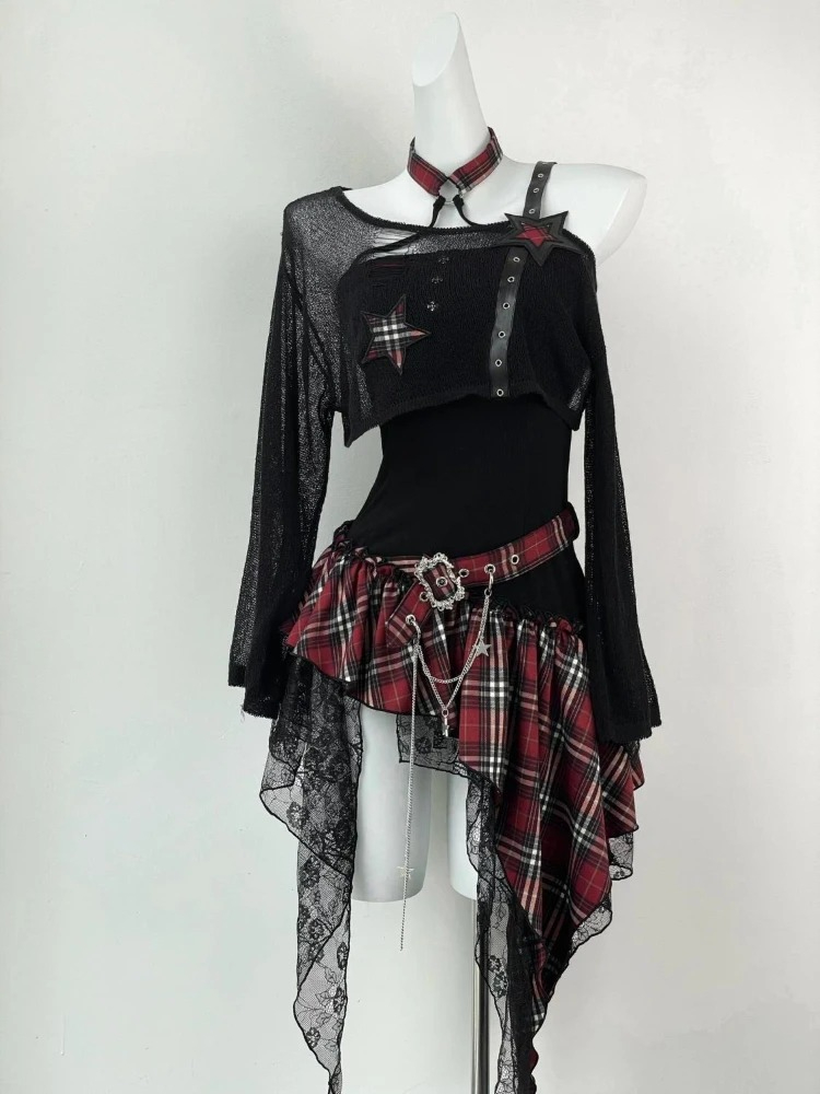 ブラックゴシックアメリカンヴィンテージ2ピーススーツ Y2K - Asymmetric Top Women のレビューと価格