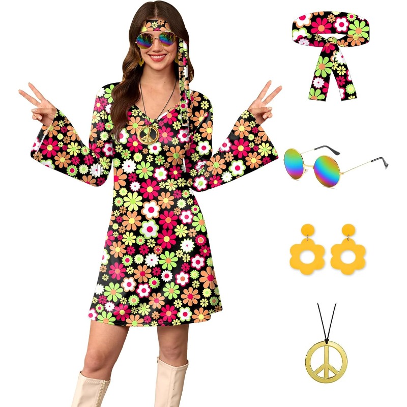 女性用 5点セット ハロウィン 70年代 ヒッピードレス 花 - Women'S Fashion From The 70S のレビューと価格