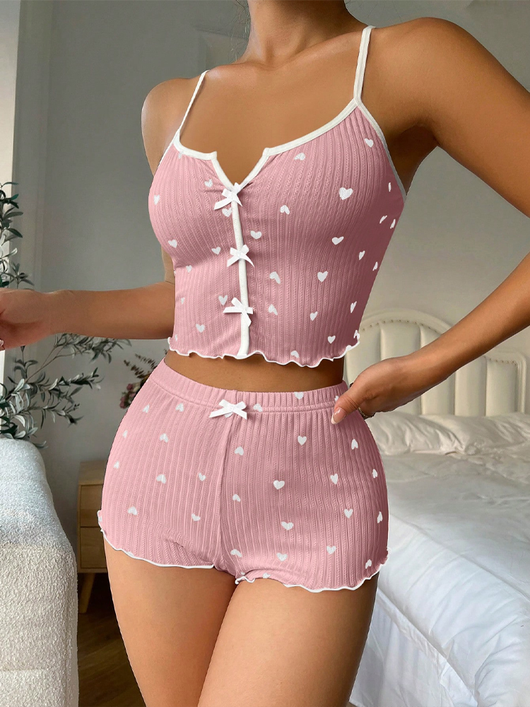 2026年新作セクシーハートプリントパジャマセット レディー - V Neck Cami Top のレビューと価格