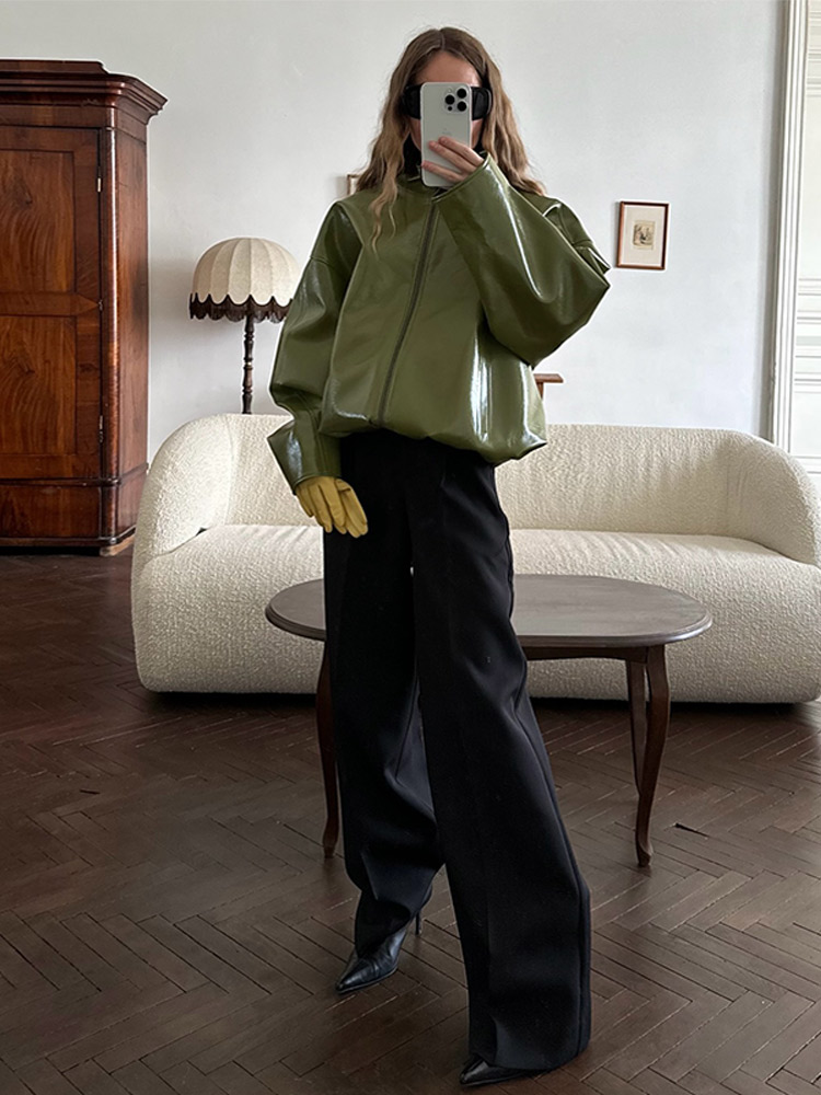 ファッショングリーンショートレザージャケット女性用ルーズスタ - Women'S Fashion Leather Jacket のレビューと価格