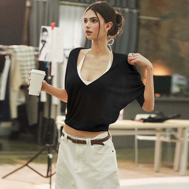 ピンクのブラウス ルーズフィット Vネック シアーブラウス  - V Neck Cami Top のレビューと価格