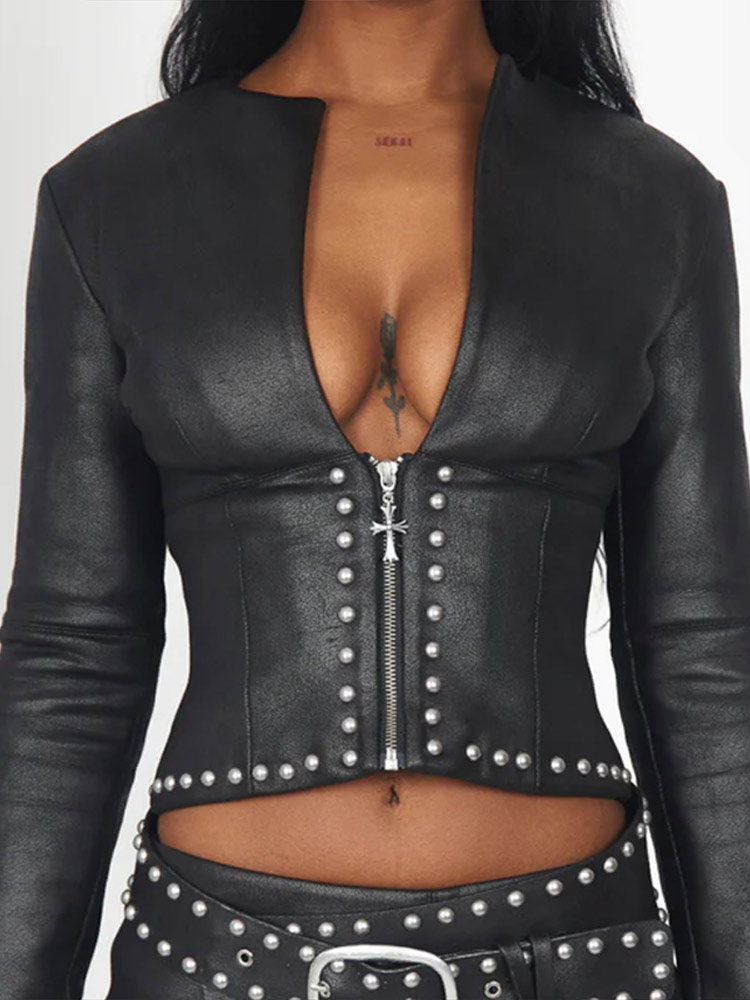 ファッションリベット装飾PUレザージャケットスカートスーツ女 - Women'S Fashion Leather Jacket のレビューと価格