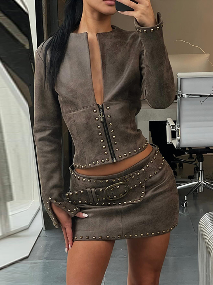 ファッションリベット装飾PUレザージャケットスカートスーツ女 - Women'S Fashion Leather Jacket のレビューと価格