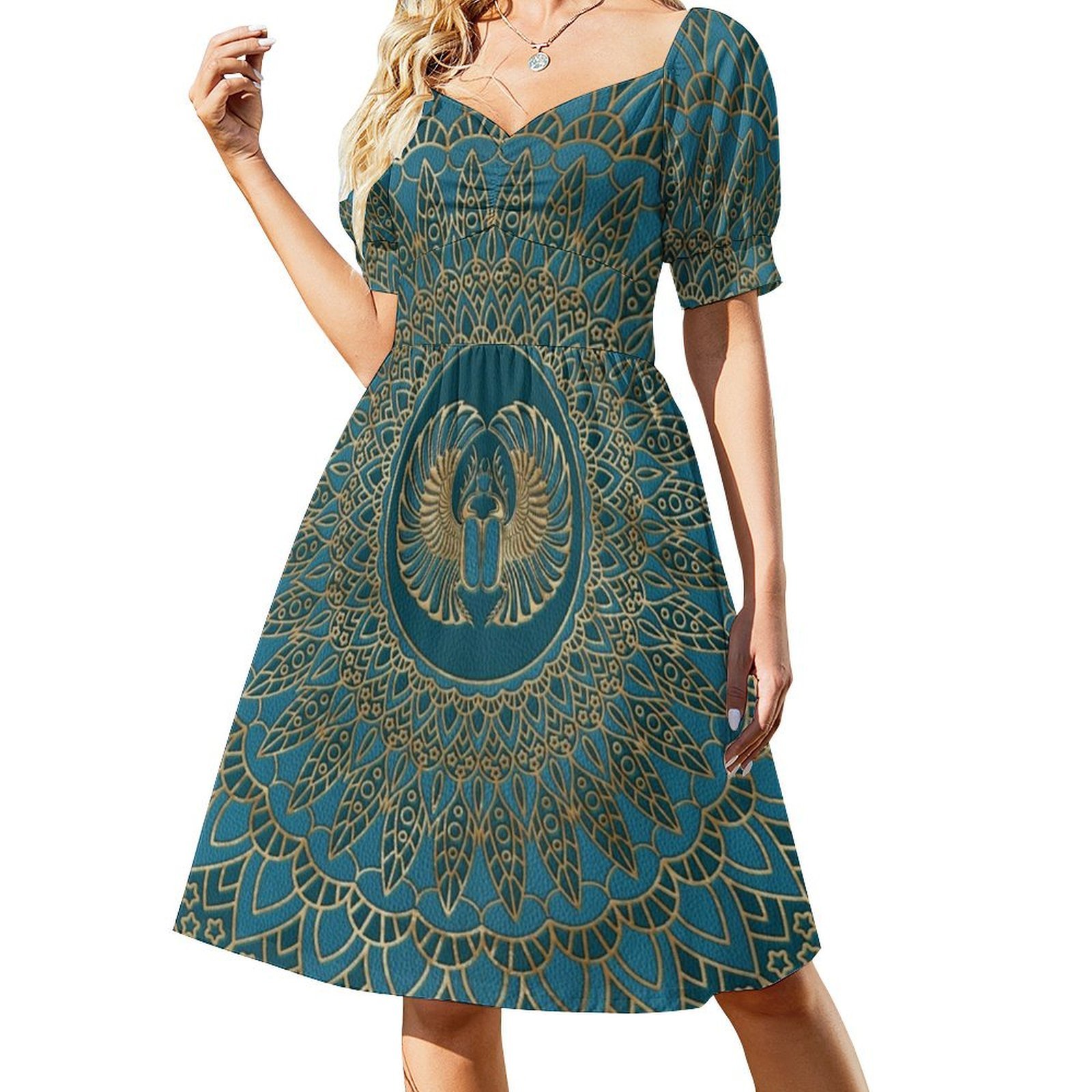 エジプトのスカラベ甲虫ゴールドとティールレザーの花柄スモック - Smocked Dress Women のレビューと価格