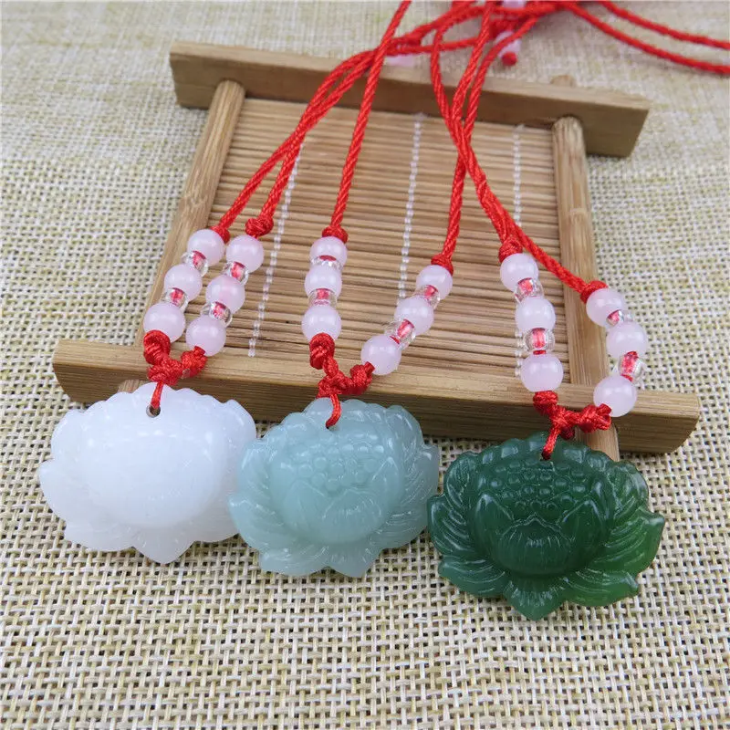 天然の緑色の翡翠で作られた蓮の花のペンダントビーズネックレス - Women Fashion Necklace のレビューと価格