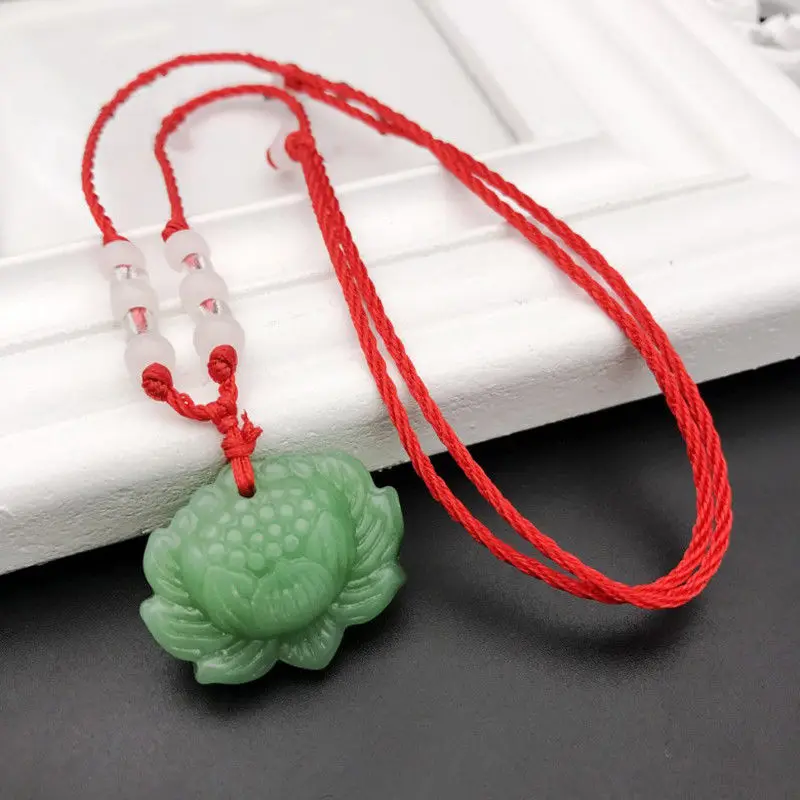 天然の緑色の翡翠で作られた蓮の花のペンダントビーズネックレス - Women Fashion Necklace のレビューと価格
