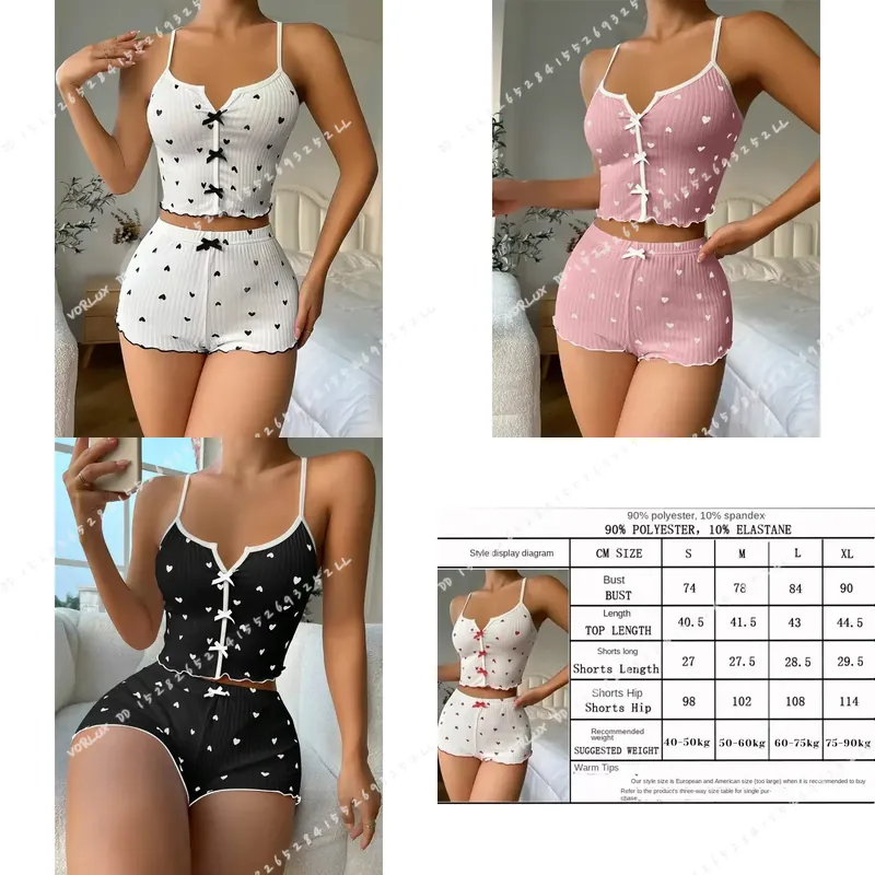 女性用ハートプリントパジャマセット シルクサテン Vネック  - V Neck Cami Top のレビューと価格
