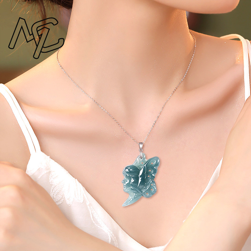 S925シルバー天然ブルーウォータージェイド蝶の妖精ペンダン - Women Fashion Necklace のレビューと価格