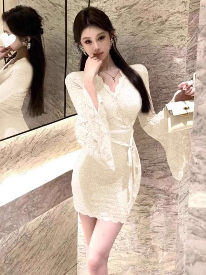 セクシーなレースのベルスリーブドレス女性のペンシルスカート痩 - Women Fashion Dress Names のレビューと価格