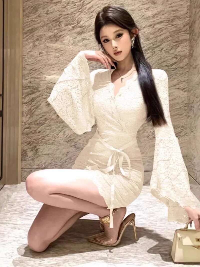 セクシーなレースのベルスリーブドレス女性のペンシルスカート痩 - Women Fashion Dress Names のレビューと価格