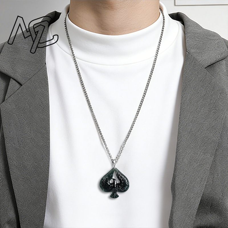 S925シルバー天然翡翠ブラックチキンカラースペードペンダン - Women Fashion Necklace のレビューと価格