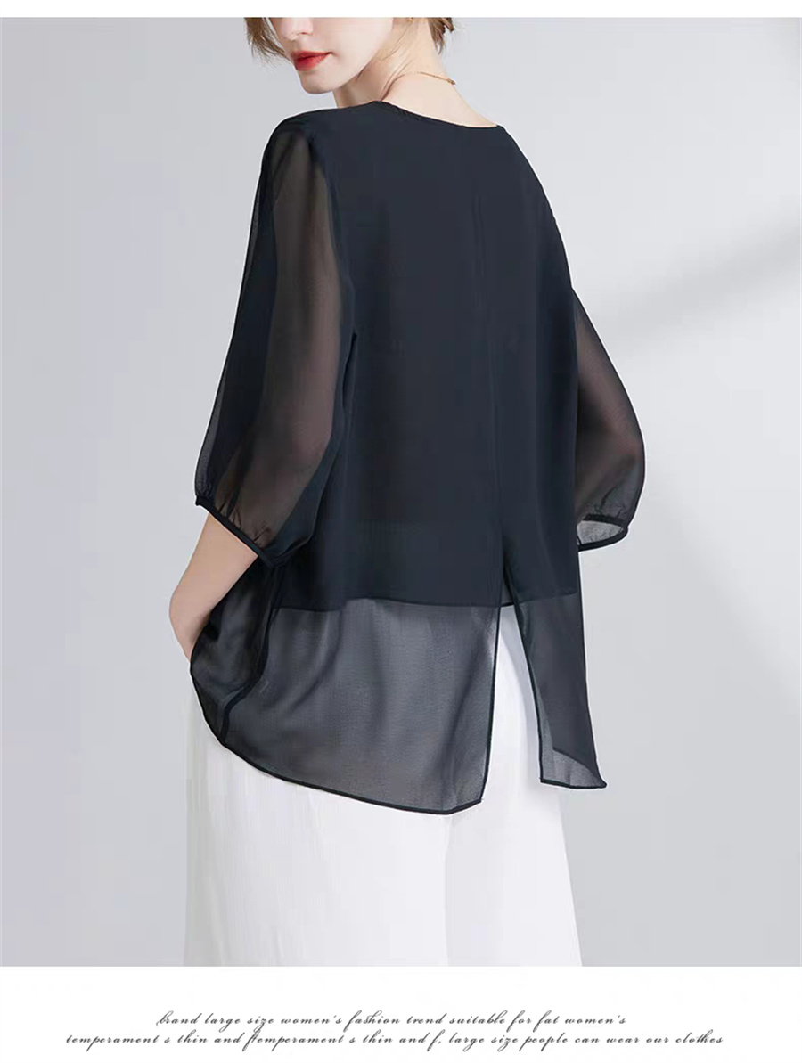韓国スタイルシフォンプラスサイズレディーストップスセクシーな - Asymmetric Top Women のレビューと価格